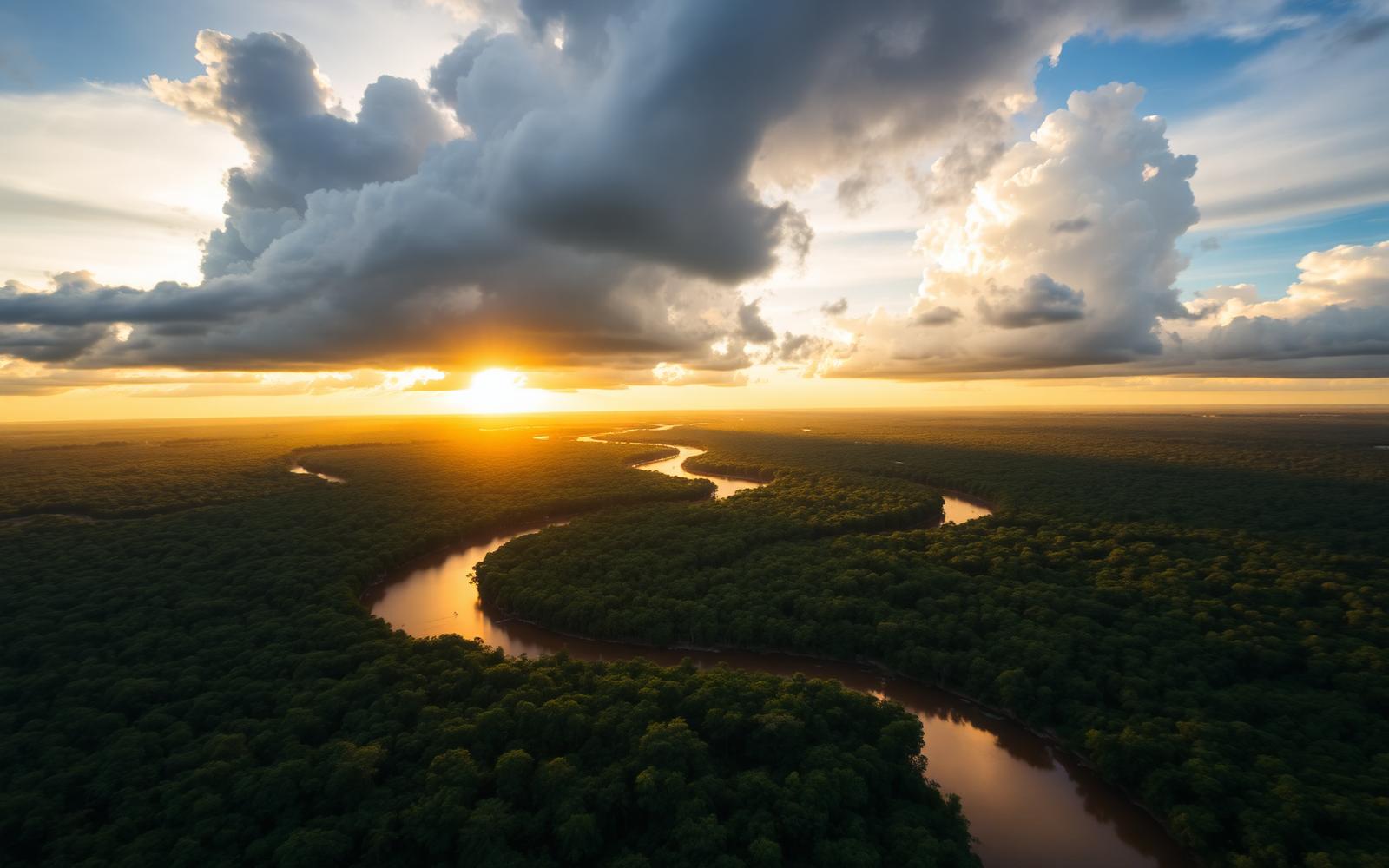 Rios e floresta amazônica ao pôr do sol
