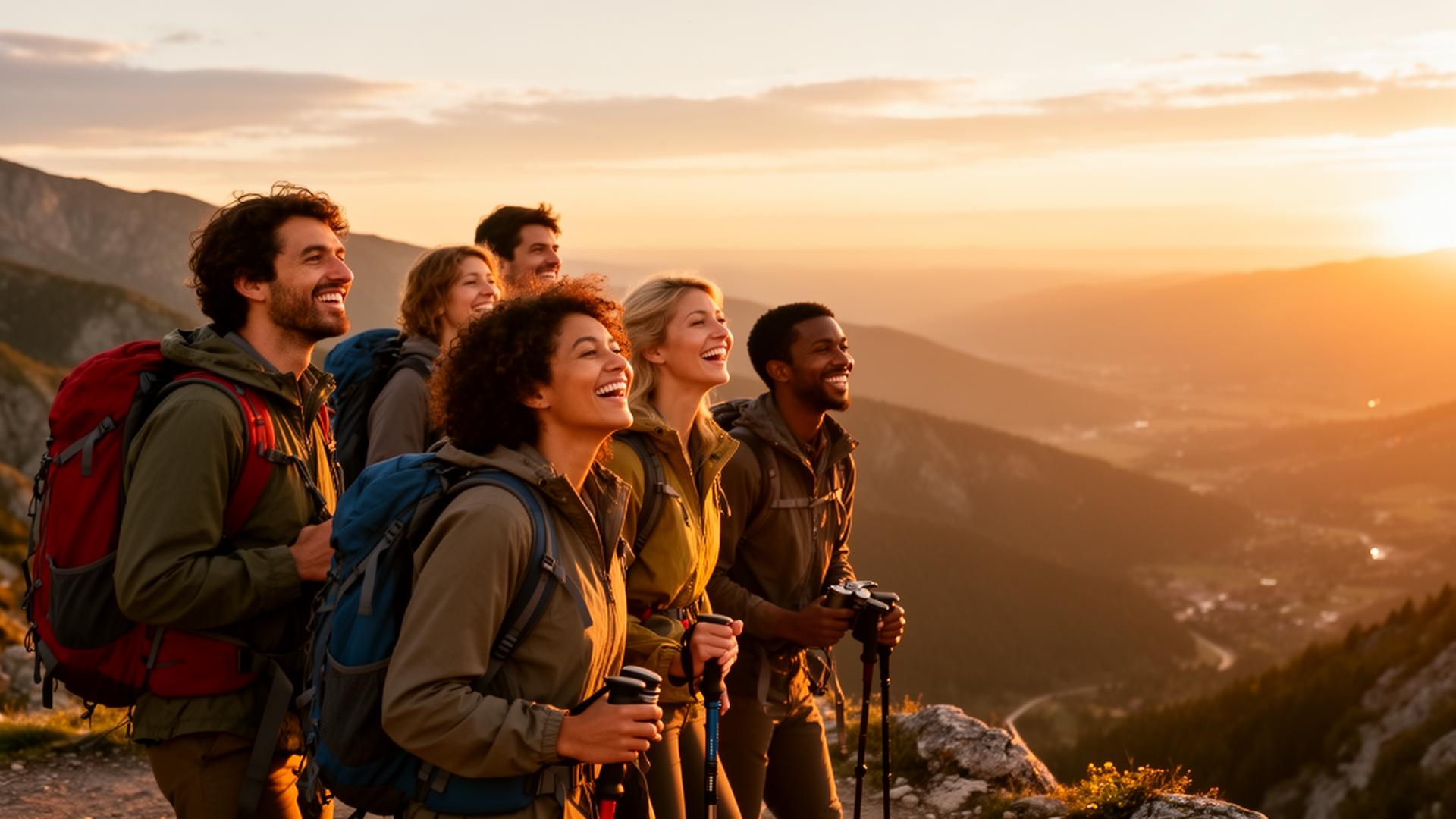 Grupo de viajantes em ponto panorâmico ao pôr do sol